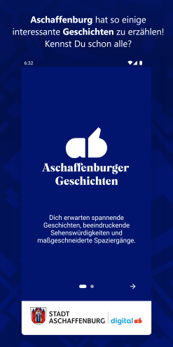  App Aschaffenburger Geschichten, weiße Schrift auf blauem Hintergrund, Screenshot