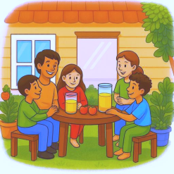  Familie trinkt Apfelsaft